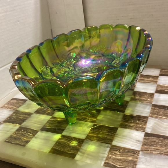 Vintage 1970s Indiana Harvest Iridescent Green Carnival Glass Oval Center Bowl - Picture 4 of 12
